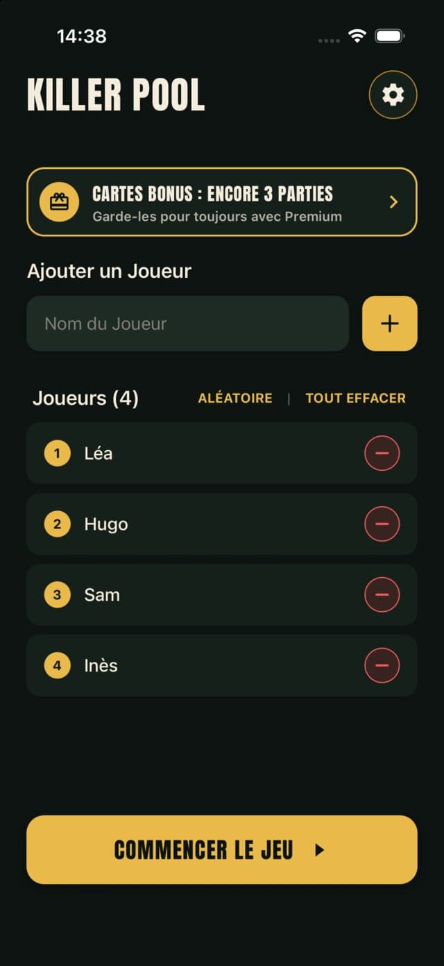 Écran d'accueil de Killer Pool, thème nuit